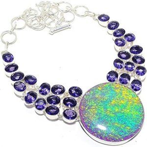 Triplet Fire Opal, Tanzanite German Silver, Necklace 18"